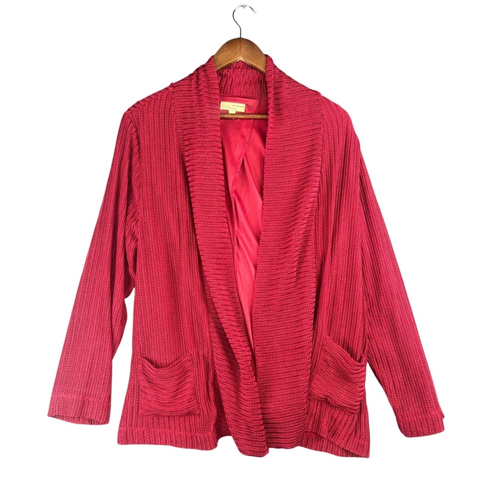 Choices Womens Red Textured Chevron Open Front Cardigan Jacket Size L Y2K Casual